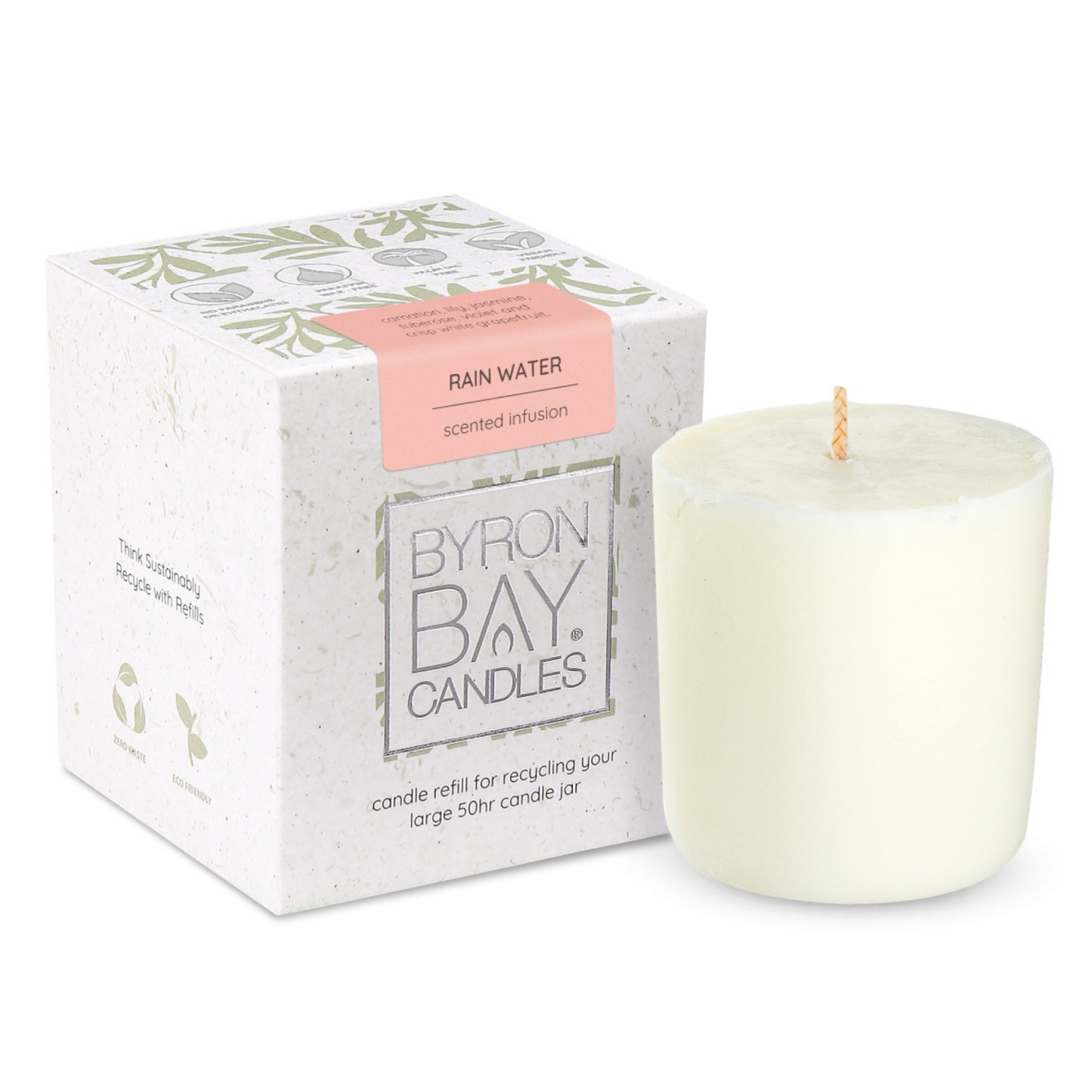 ZERO WASTE candle jar refill – 75mm wide x 80mm high transparent jar with eco-friendly soy wax. Features a calming Rain Water fragrance blending carnation, lily, jasmine, and white grapefruit for up to 50 hours of sustainable burn time.