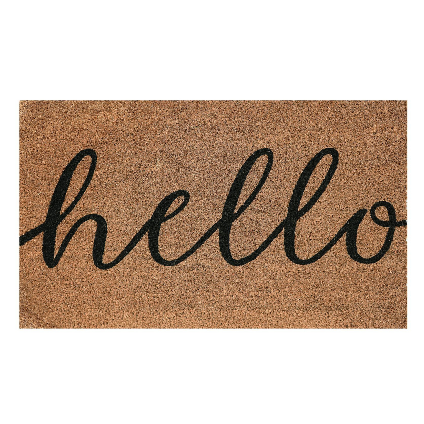 Rectangular "Hello" doormat made from natural coir with black lettering, designed to greet guests warmly while trapping dirt; features a non-slip PVC backing.
