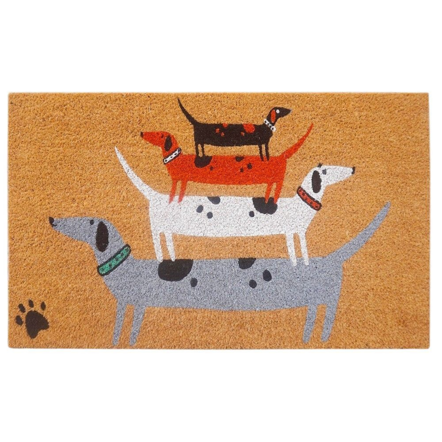 Coir door mat featuring a playful dachshund motif in grey, white, red, and black, designed to add charm and effectively trap dirt at the entryway.