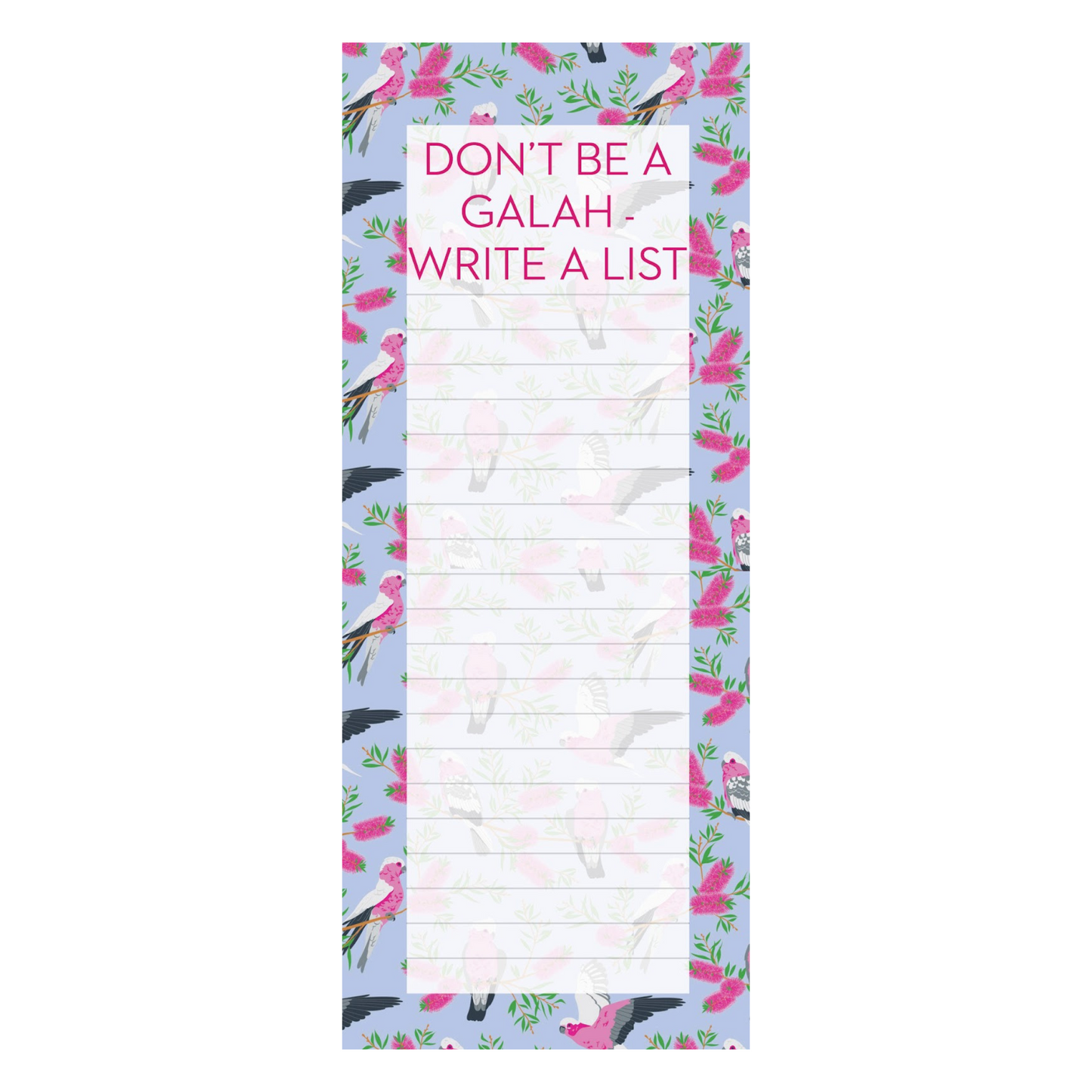 Galah-themed jotter with 40 pages, featuring playful bird designs on paper. Includes a magnetic back for easy fridge display. Designed and printed in Australia.