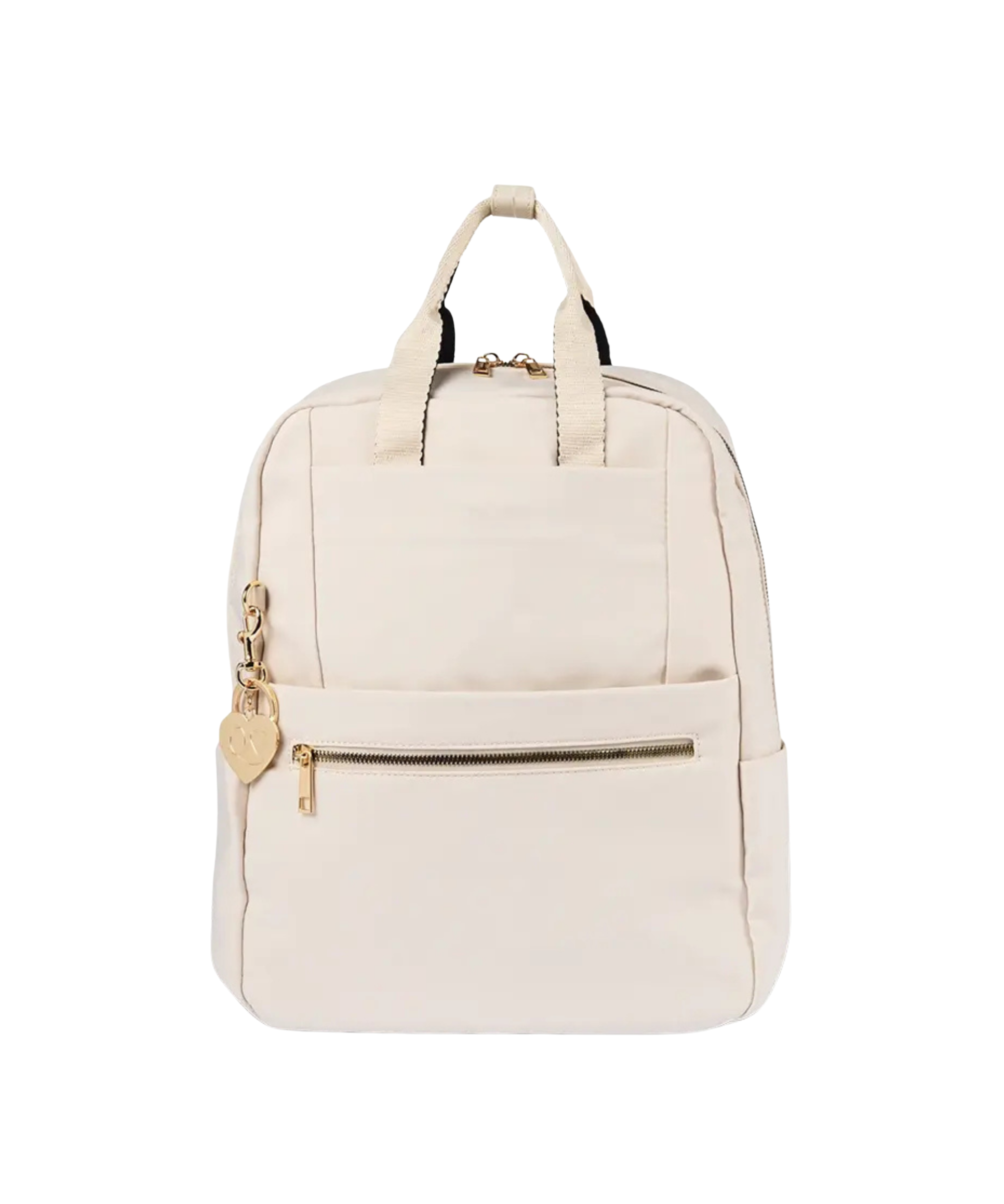 An off-white canvas backpack with gold-tone hardware, featuring dual top handles, a front zippered pocket, and a small heart-shaped charm, shown against a plain white background.