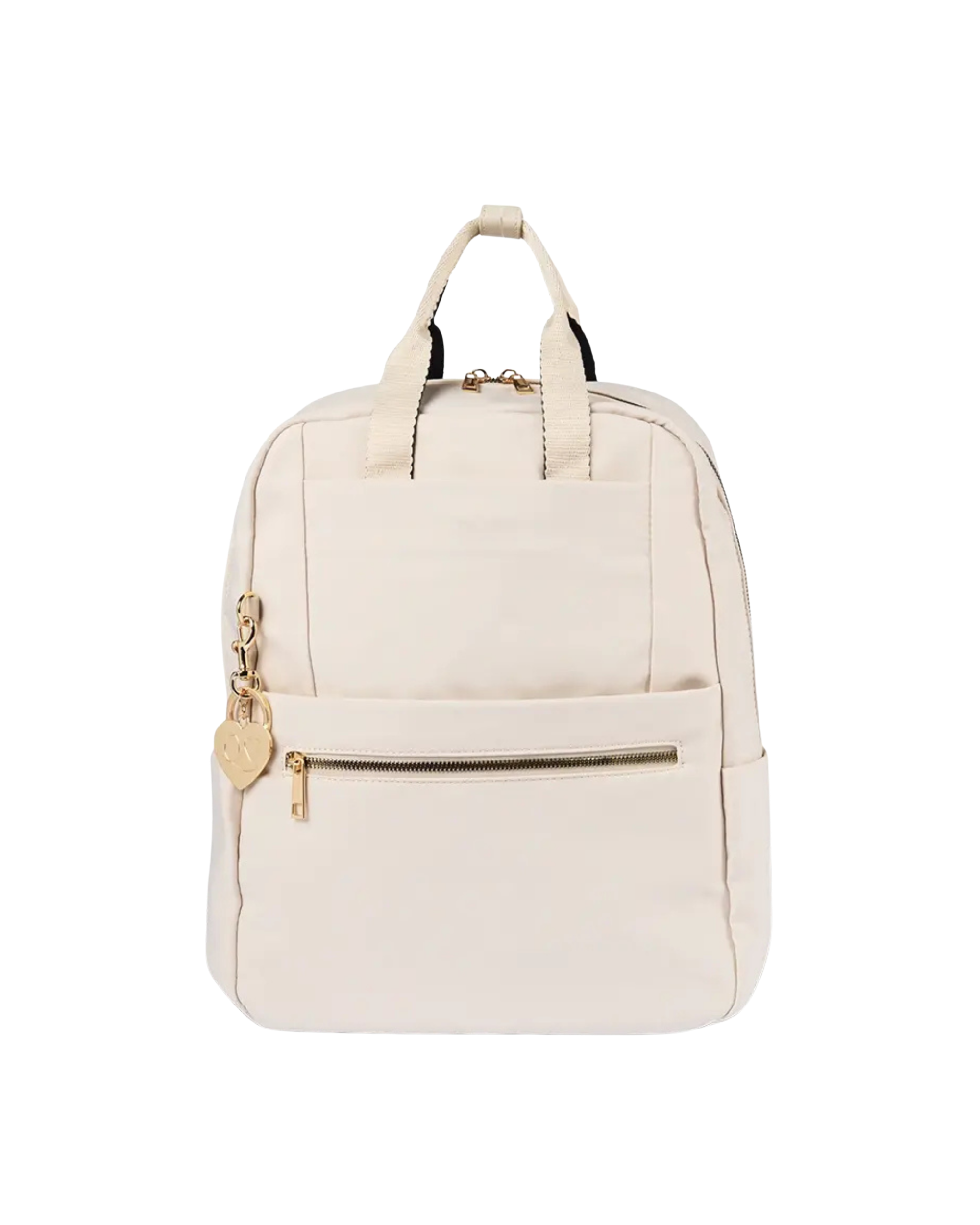 An off-white canvas backpack with gold-tone hardware, featuring dual top handles, a front zippered pocket, and a small heart-shaped charm, shown against a plain white background.
