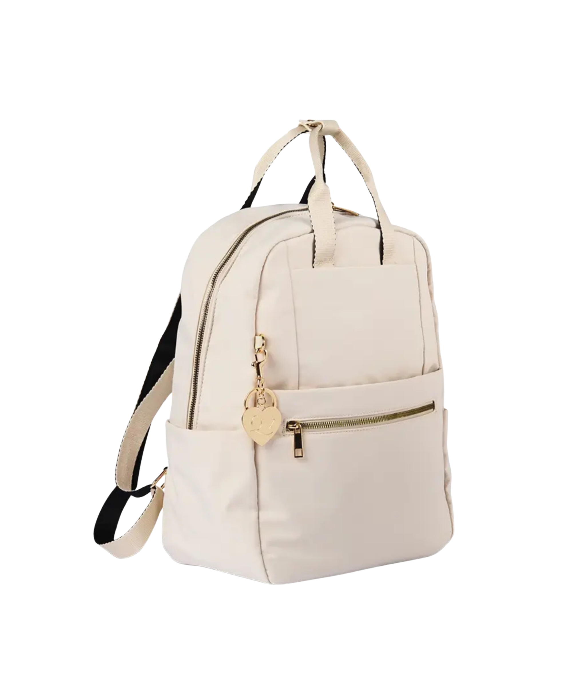 An off-white canvas backpack with gold-tone hardware, featuring a front zippered pocket with a decorative gold heart charm, top carry handles, and a black adjustable shoulder strap, shown on a plain white background.