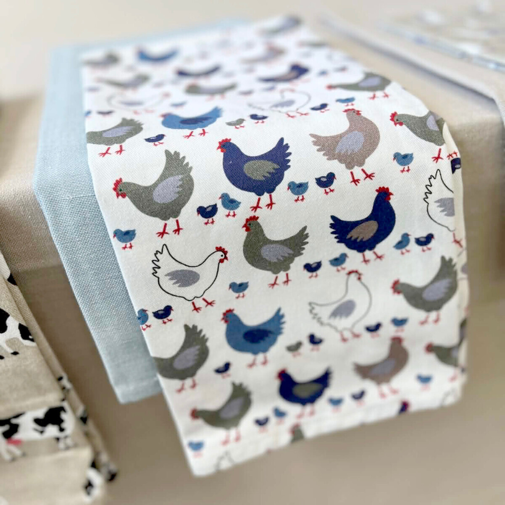 Fabric with chicken patternand light blue pink striped tea towel set