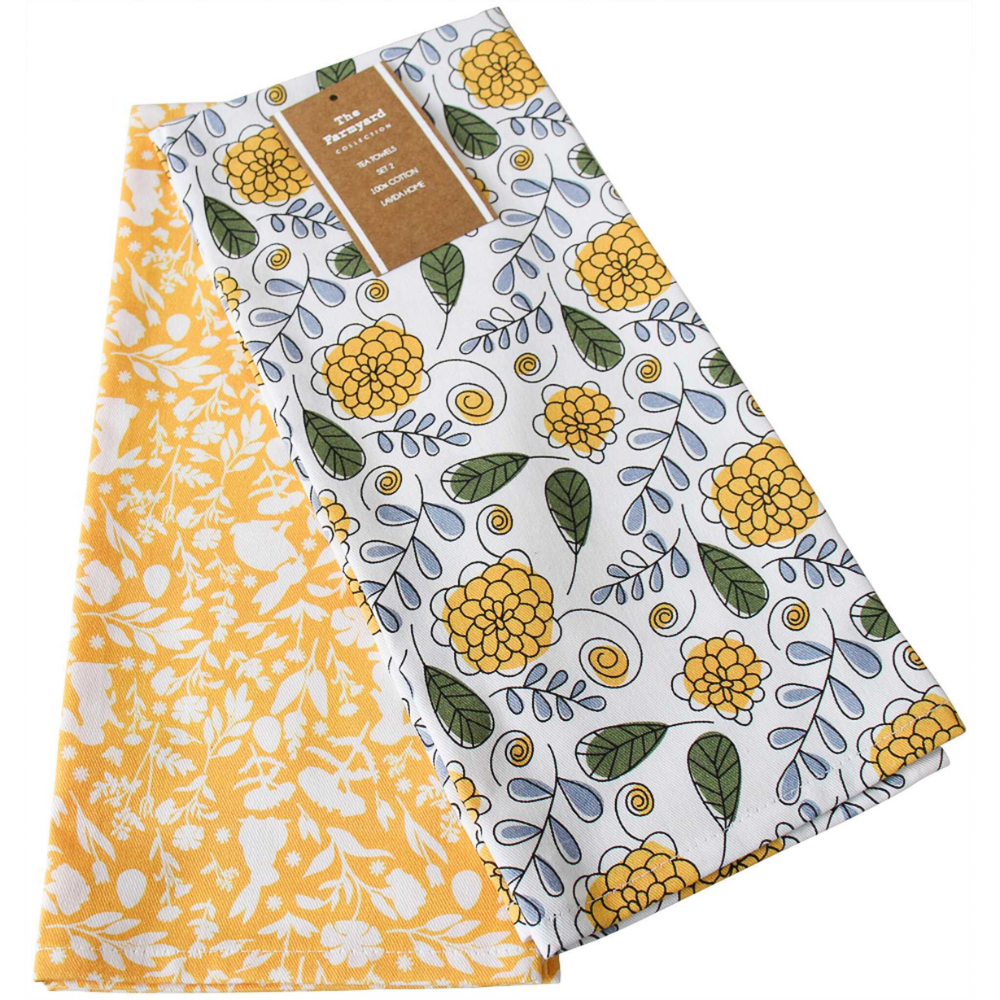 2pce floral-patterned and rabbit tea towels with a yellow and white