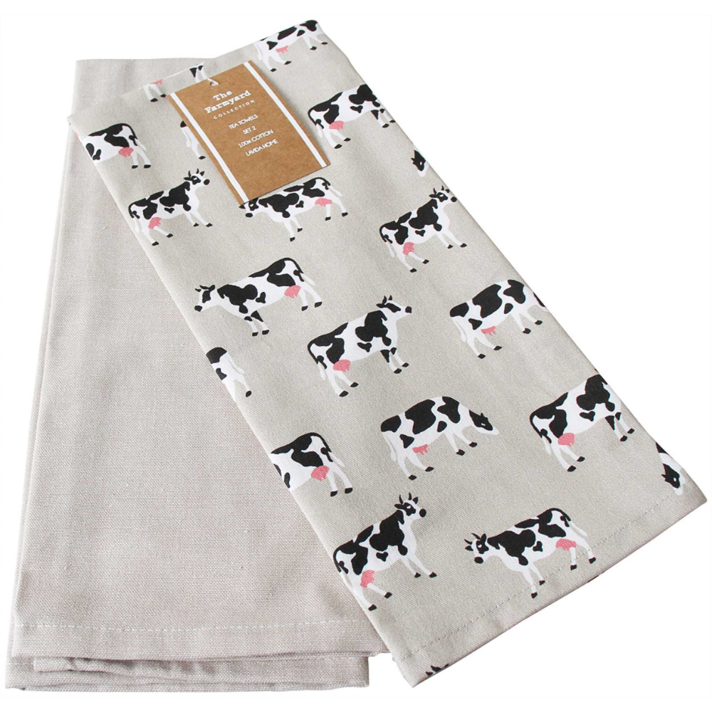 Tea towel with cow pattern and beige tea towel set
