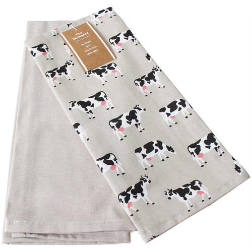 Tea towel with cow pattern and beige tea towel set
