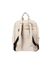An off-white faux leather backpack with black shoulder straps and gold-tone hardware, shown from the back on a white background.
