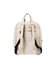 An off-white faux leather backpack with black shoulder straps and gold-tone hardware, shown from the back on a white background.