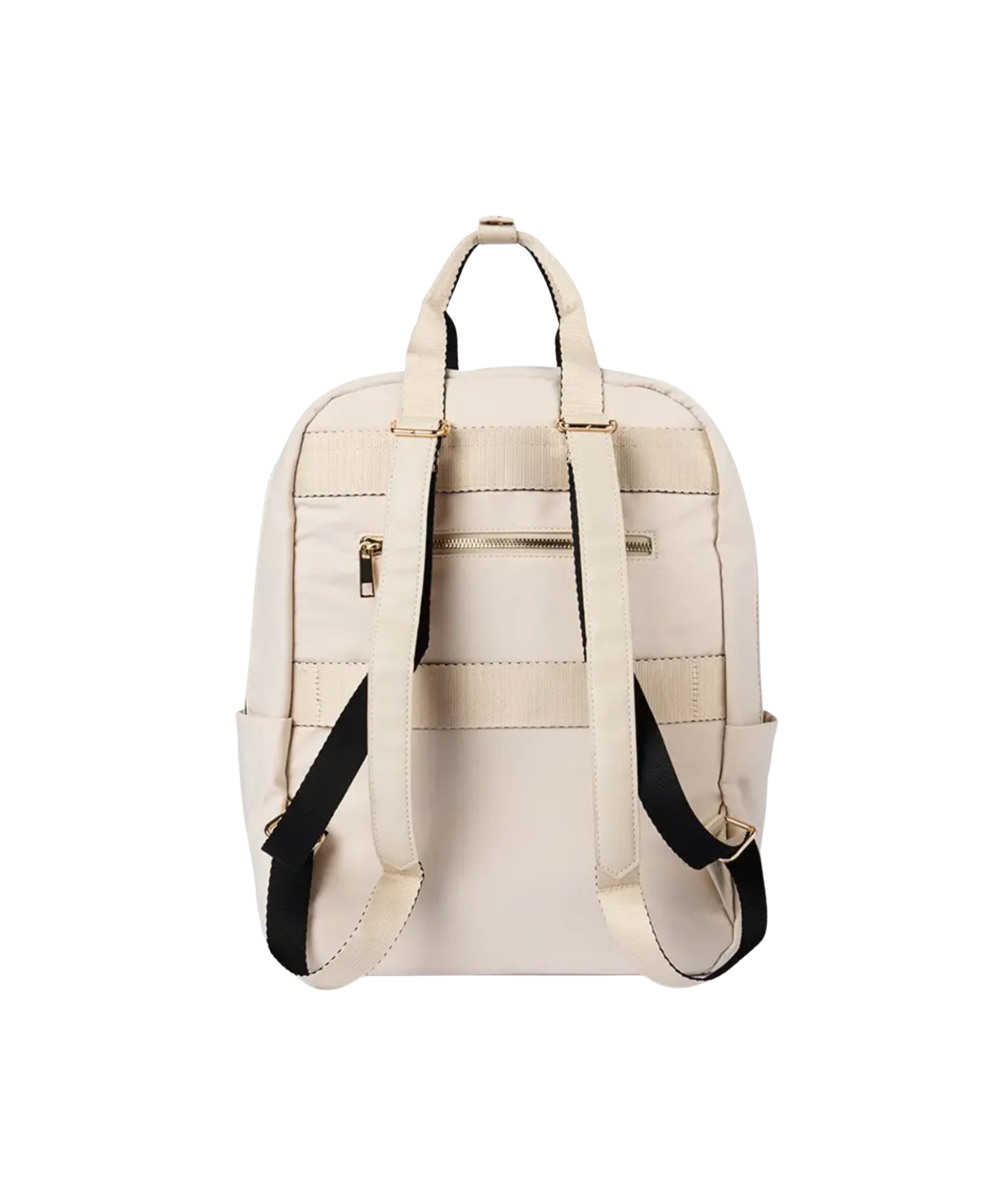 An off-white faux leather backpack with black shoulder straps and gold-tone hardware, shown from the back on a white background.