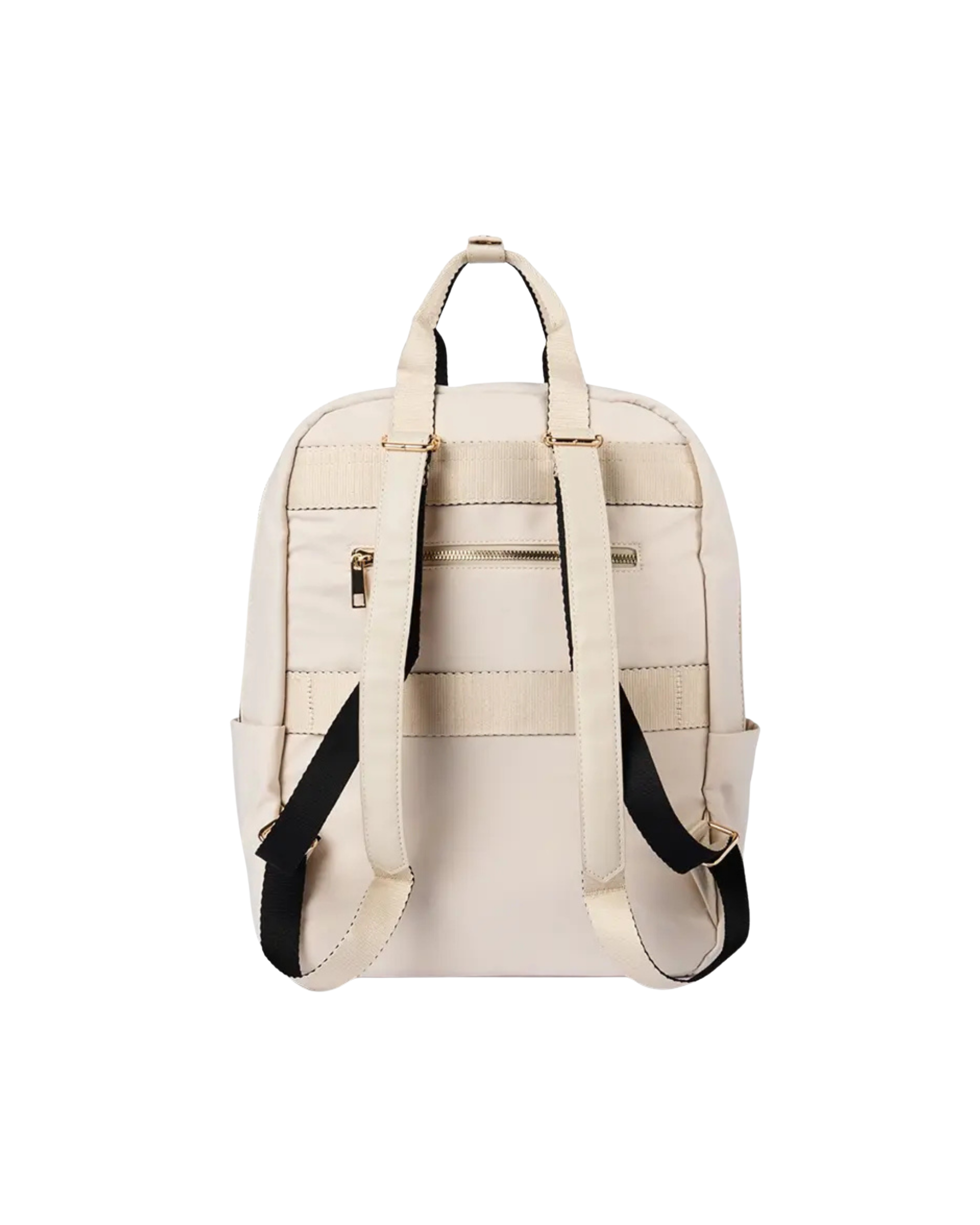 An off-white faux leather backpack with black shoulder straps and gold-tone hardware, shown from the back on a white background.