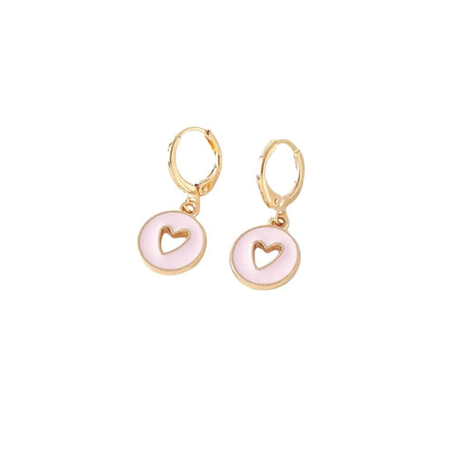 Gold hoop earrings with pink heart charms 