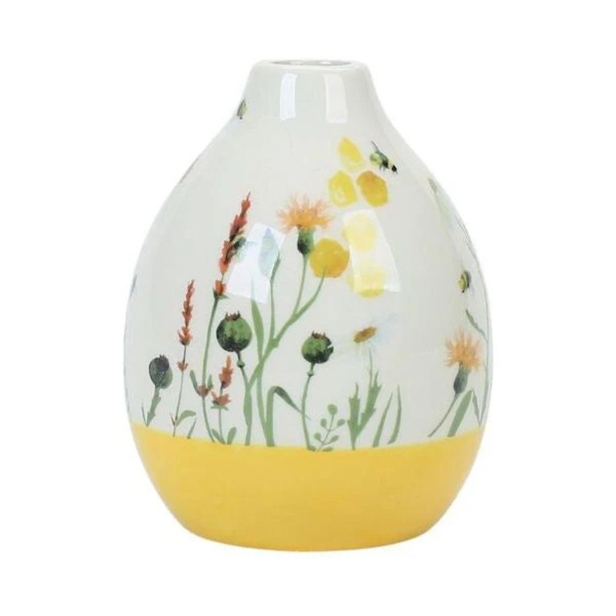 Bee Meadow Vase featuring vibrant blossoms and lively bee illustrations on a natural ceramic base, perfect for holding small flowers or as a decorative accent.