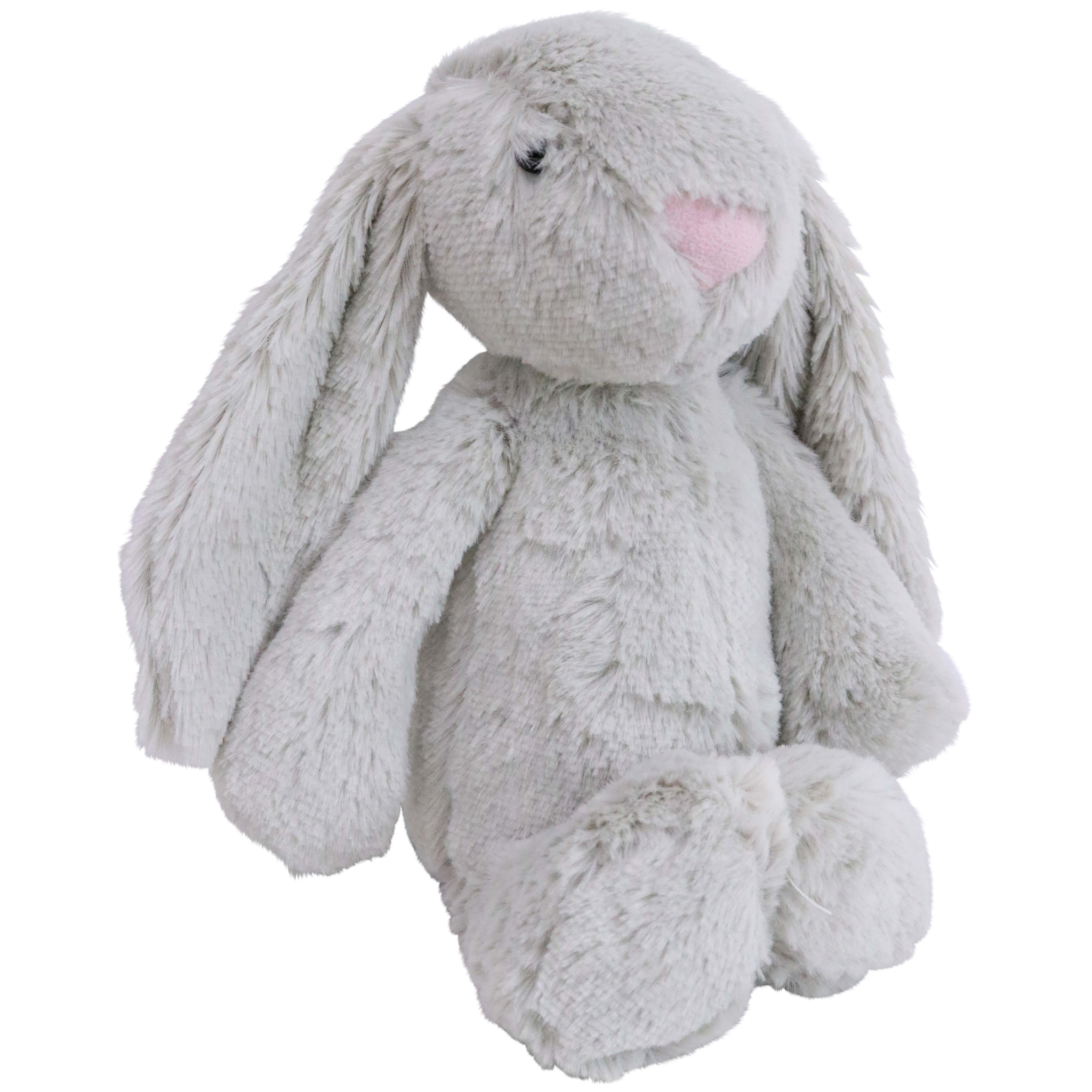 Grey plush bunny, 33 x 29 x 10 cm, with soft polyester fur and a pink nose. Perfect for cuddles, playtime, and as a gift for children.