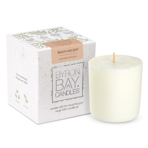 ZERO WASTE Beach Holiday candle jar refill – 75mm wide x 80mm high, in a transparent jar with eco-friendly soy wax. Features coastal-inspired scents like rosemary, lemon, neroli, cedar-leaf, and teak wood for up to 50 hours of sustainable burn time.