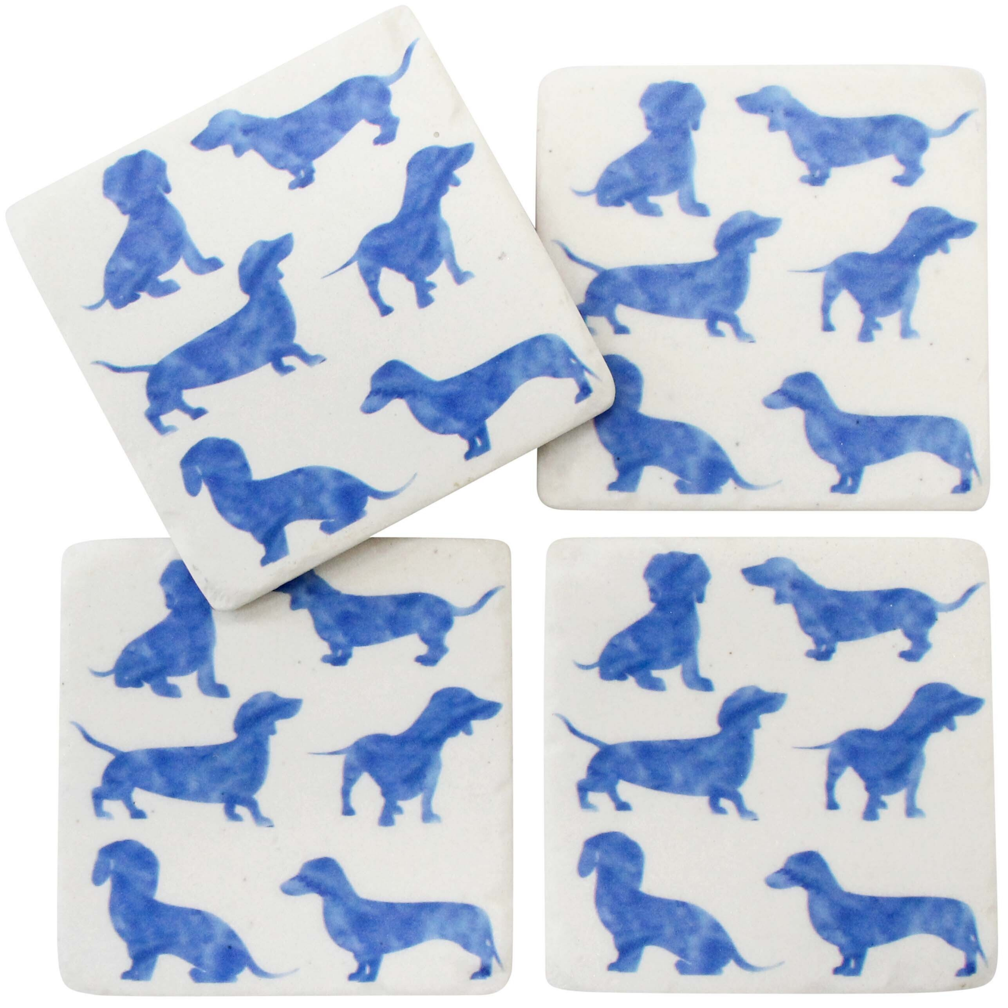 Set of 4 ceramic Dachshund coasters, each 9.5 x 9.5 cm, featuring white and blue dachshund designs. Durable and easy-to-clean tabletop accessories.