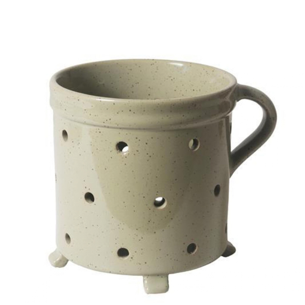 Stoneware cutlery drainer with green reactive glaze and leaf detailing, 12cm x 11.5cm, designed in Australia, microwave and dishwasher safe.
