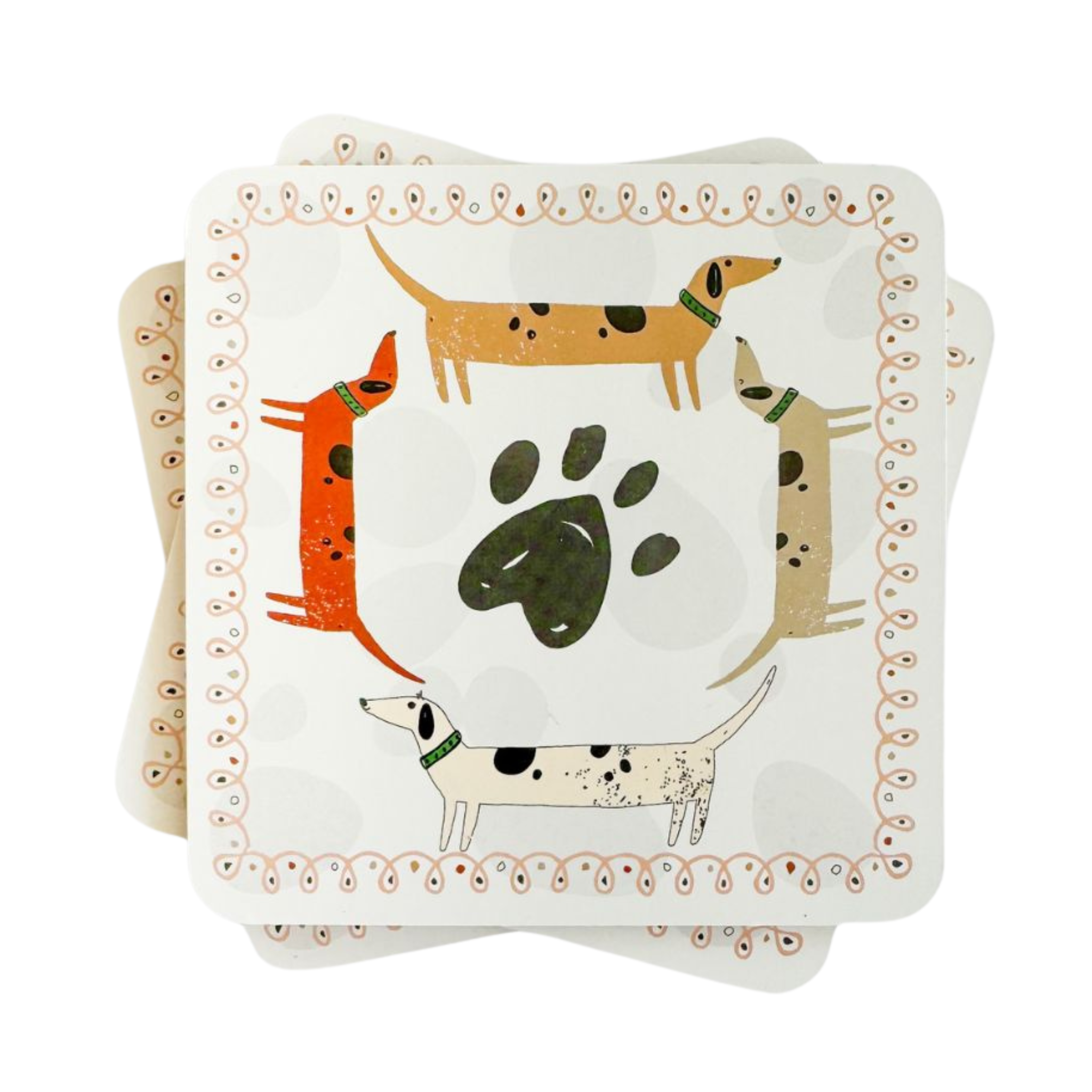 Set of four square white and grey MDF coasters with whimsical dog designs, styled on a wooden surface.