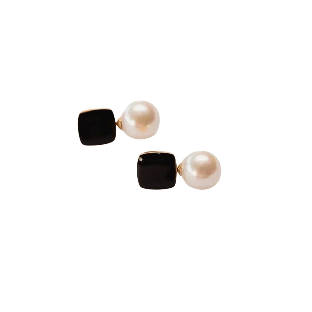 Felicity Black Enamel Stud Earrings with Faux Pearl