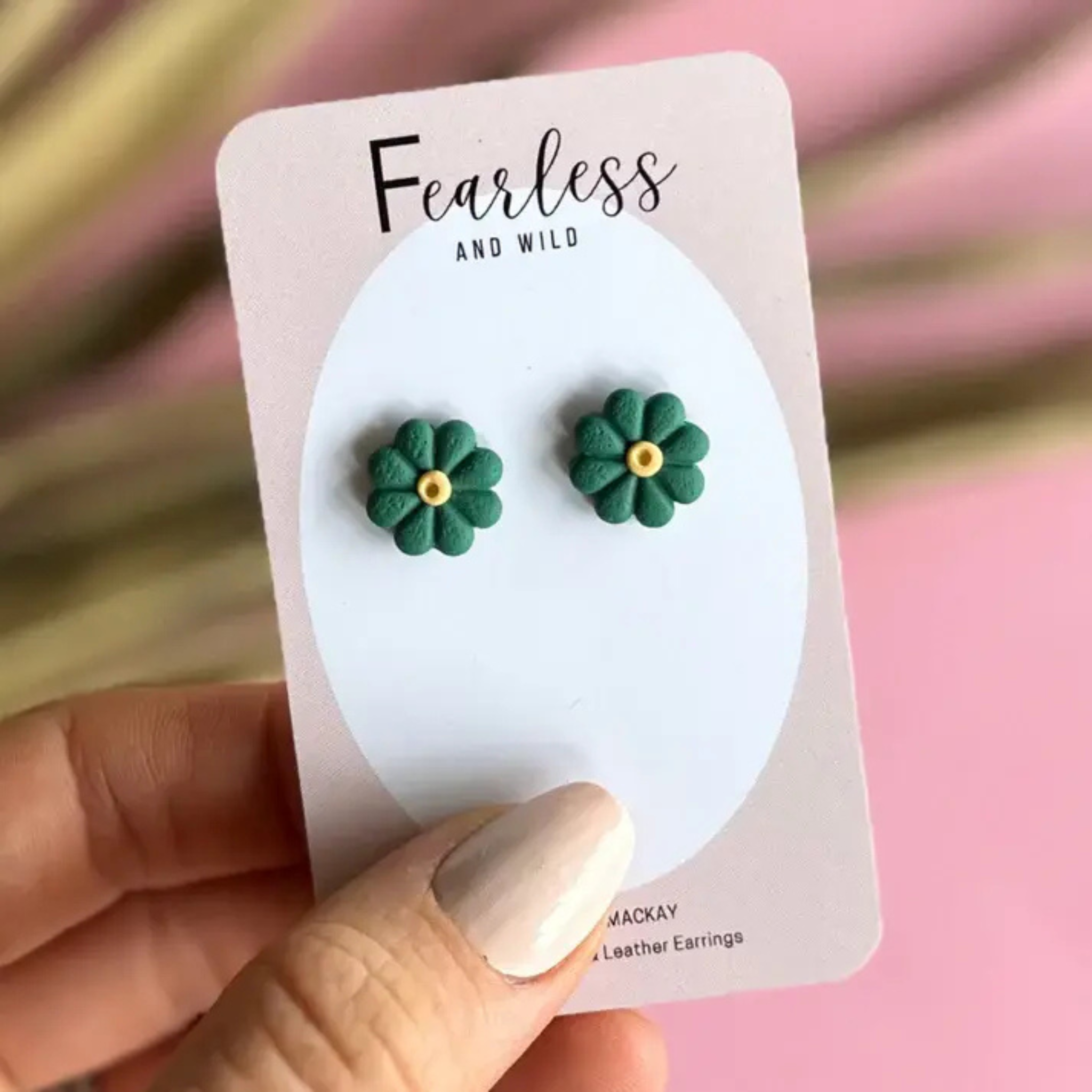 Forest green flower stud earrings made from polymer clay with stainless steel posts—petite, lightweight, and ideal for everyday wear and sensitive ears.