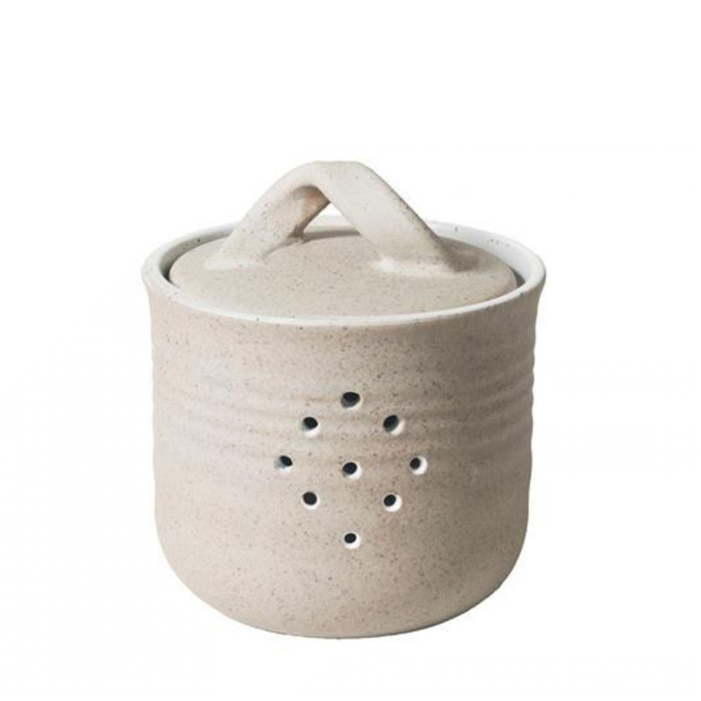 Ceramic Garlic Canister from the Garden to Table collection, earthy clay body with light organic glaze, 10.5cm x 11.5cm, designed in Australia.