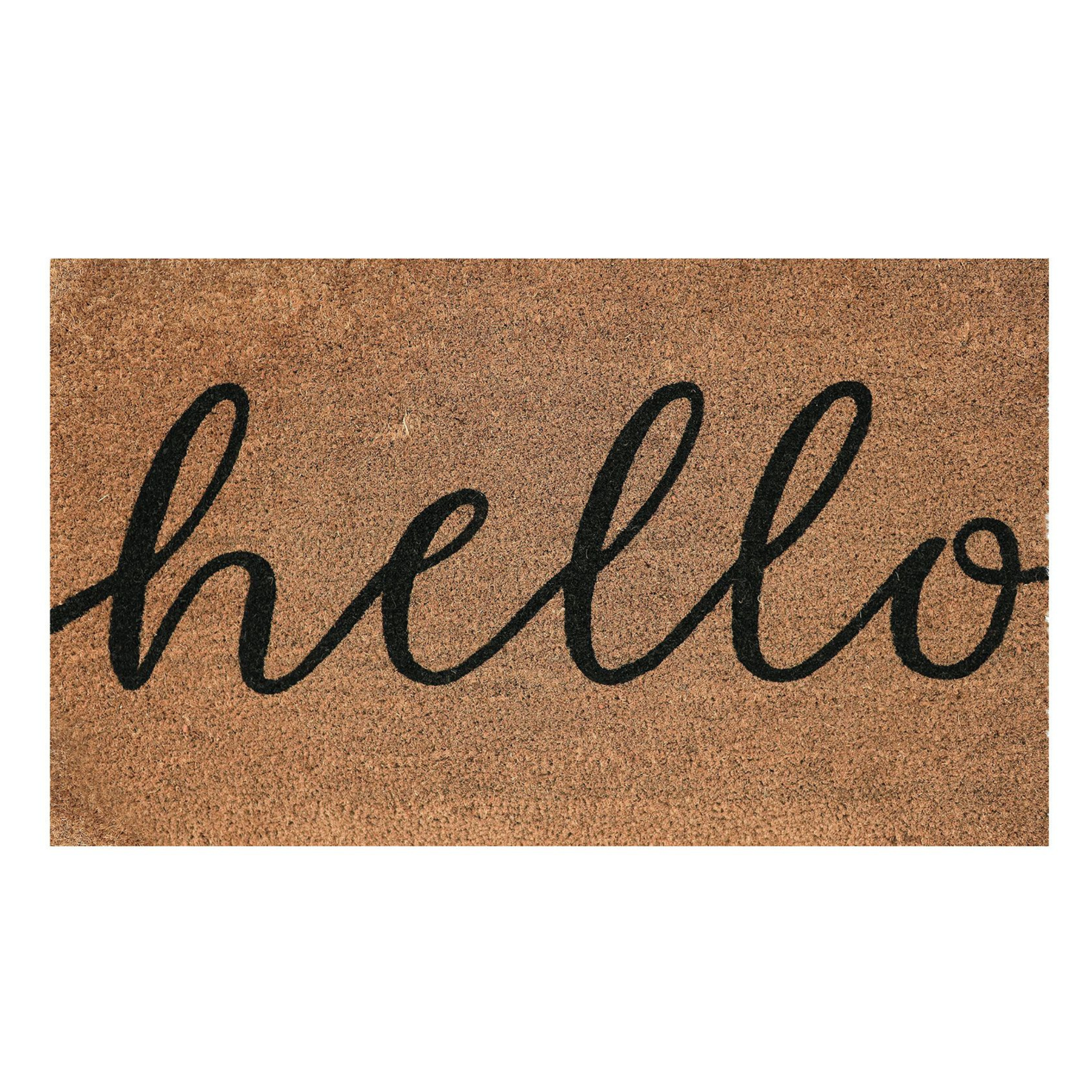Rectangular "Hello" doormat made from natural coir with black lettering, designed to greet guests warmly while trapping dirt; features a non-slip PVC backing.