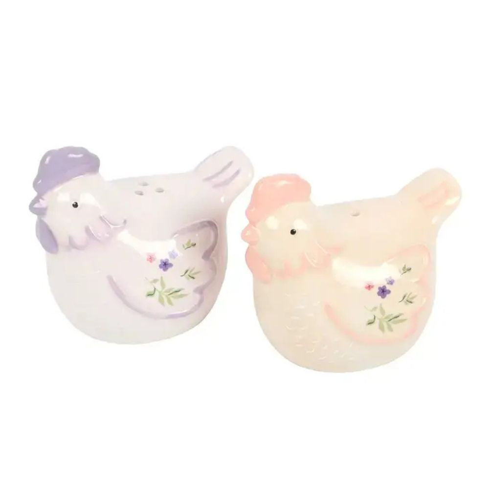 Two ceramic chicken-shaped salt and pepper shakers on a white background