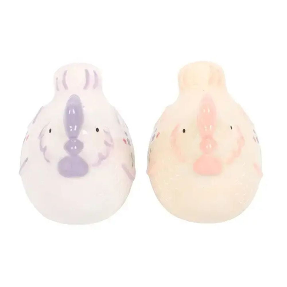Two small ceramic chicken with pastel colours on a white background with floral design