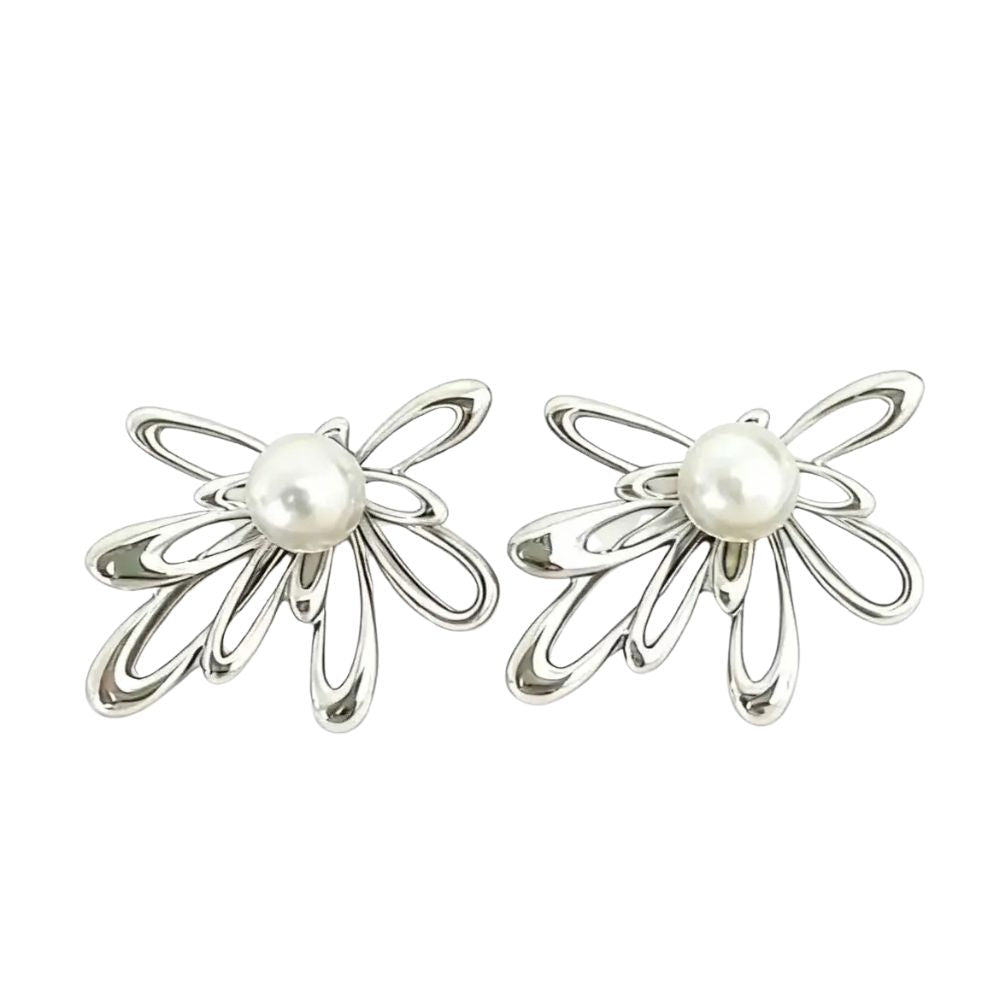 Pair of silver flower earrings with pearl centers 