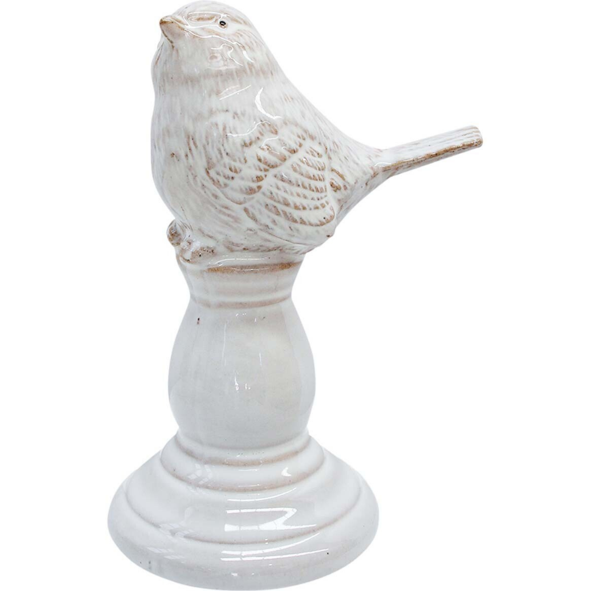 Lark Bird Singing decorative ceramic figure, 9.8 x 7.4 x 14.1 cm, creamy white finish with subtle shine and tilted head, ideal for shelves or desks.
