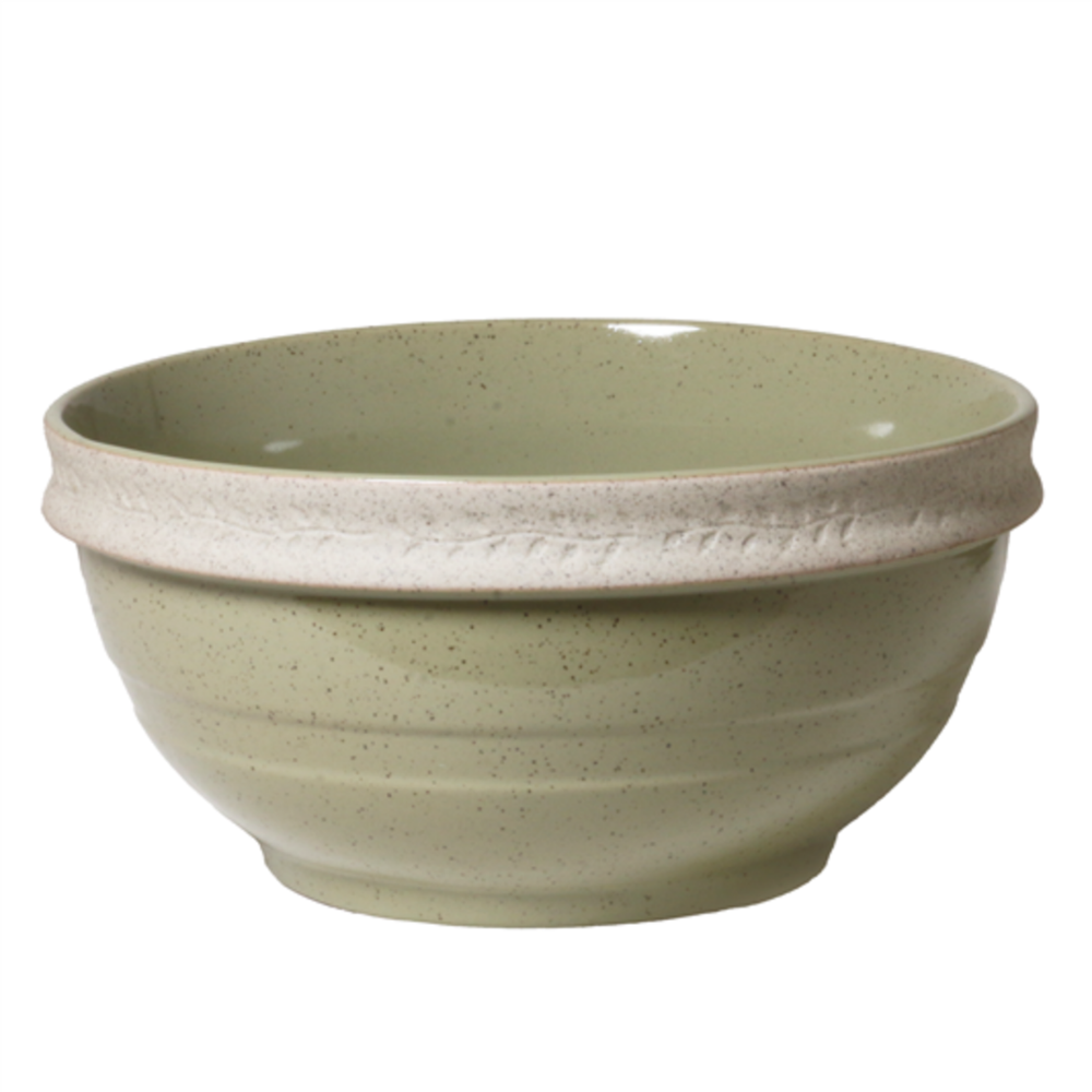 Stoneware mixing bowl, 24cm diameter x 12cm height, green reactive glaze with leaf detailing, designed in Australia, microwave and dishwasher safe.