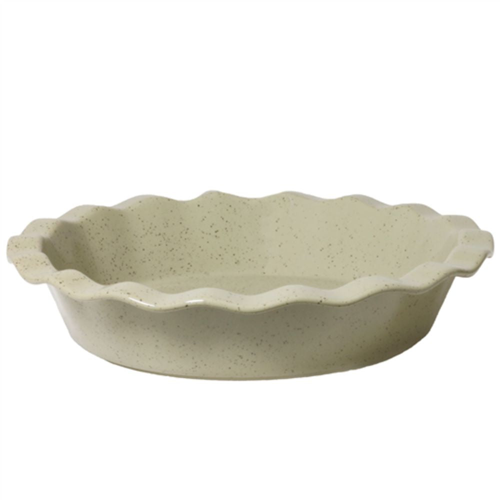 Stoneware pie dish, 28cm diameter x 5cm height, green reactive glaze with leaf detailing, designed in Australia, microwave and dishwasher safe.