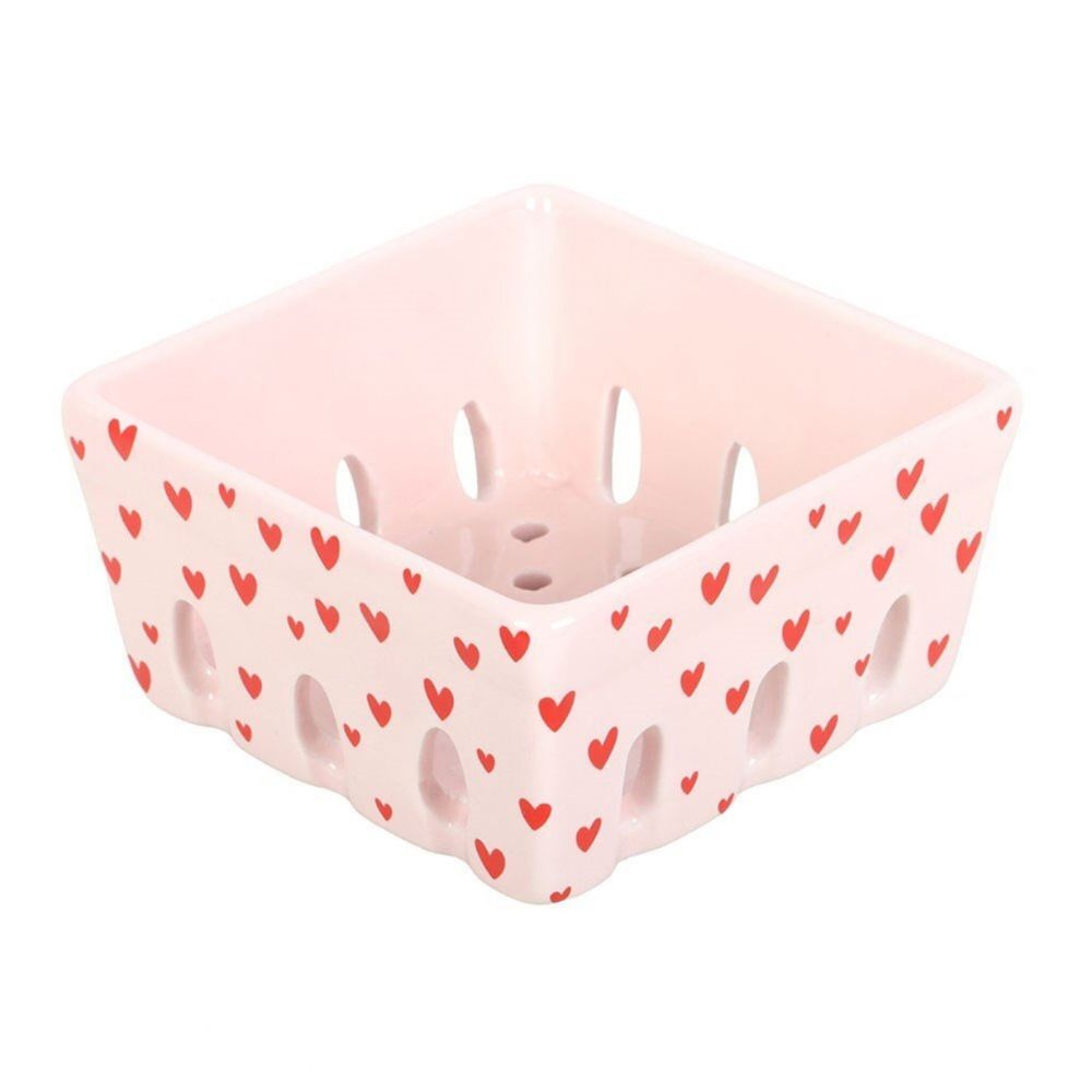 Pink  ceramic basket with red heart pattern 