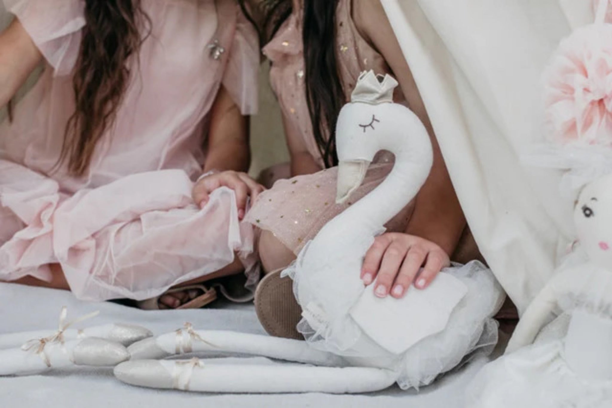Princess Ophelia swan, 43 cm tall, handmade from soft linen with sparkly pink tutu, gold crown and shoes, embroidered face, and soft cotton filling for cuddling.