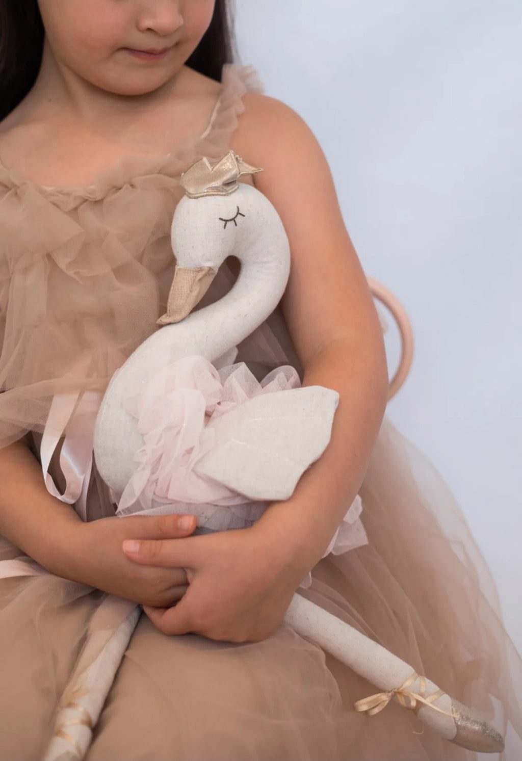 Princess Ophelia swan, 43 cm tall, handmade from soft linen with sparkly pink tutu, gold crown and shoes, embroidered face, and soft cotton filling for cuddling.