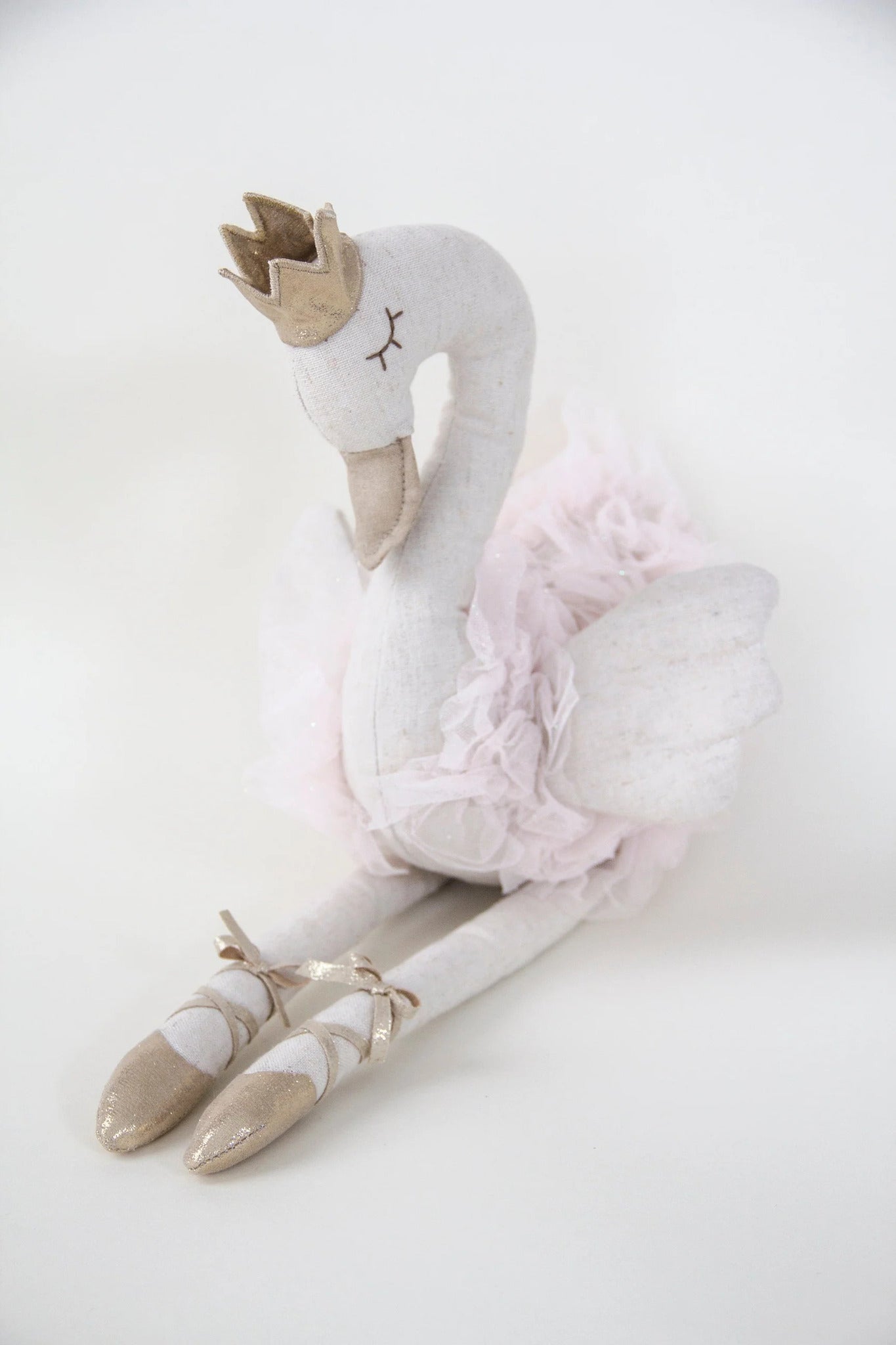 Princess Ophelia swan, 43 cm tall, handmade from soft linen with sparkly pink tutu, gold crown and shoes, embroidered face, and soft cotton filling for cuddling.