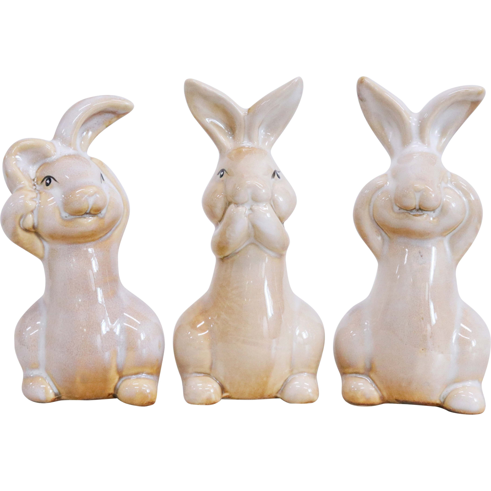 Set of three 11cm ceramic rabbits in “see no evil, hear no evil, speak no evil” poses. Cute, whimsical décor for shelves, desks, or counters.