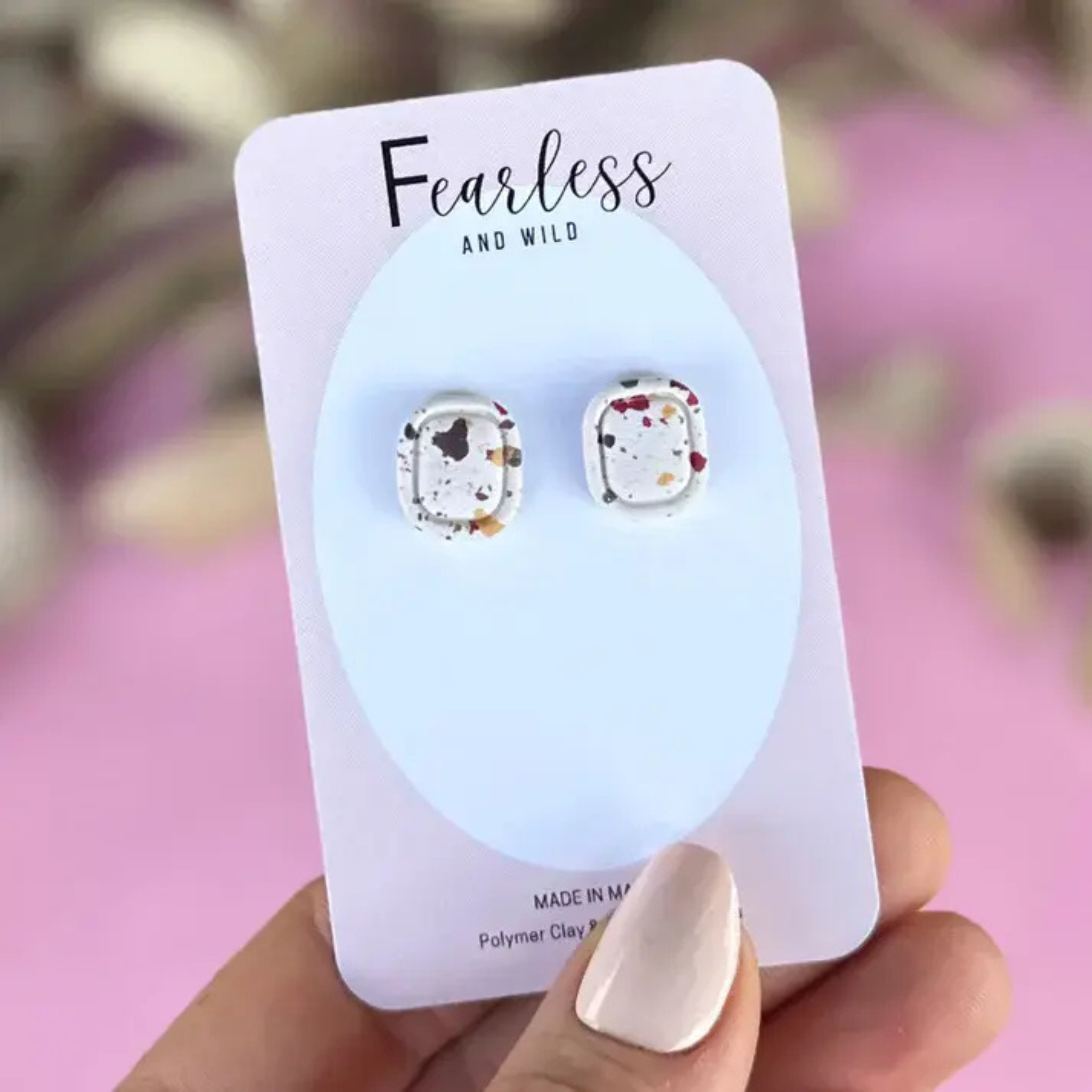 Handmade rectangular polymer clay stud earrings with burgundy, khaki, cream, and mustard specks—lightweight, earthy, and perfect for sensitive ears.