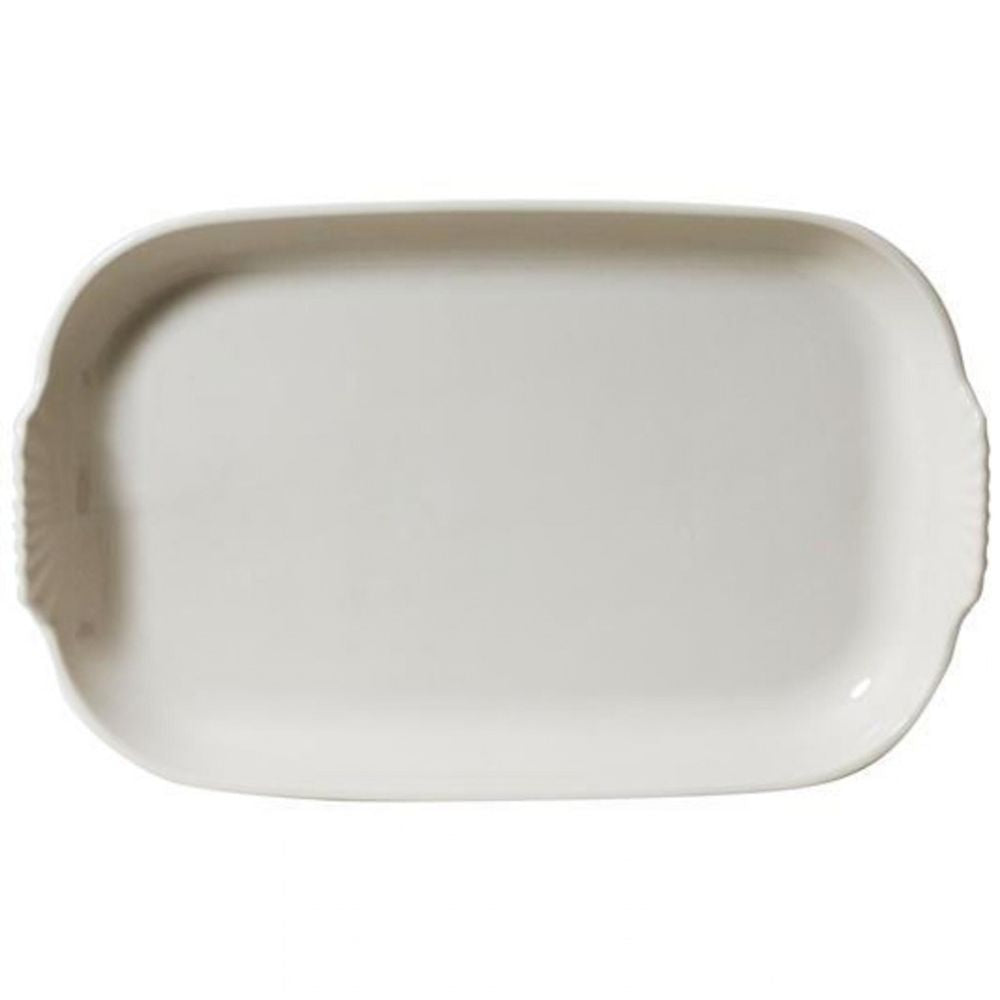 Rectangular white ceramic plate with beige rim 