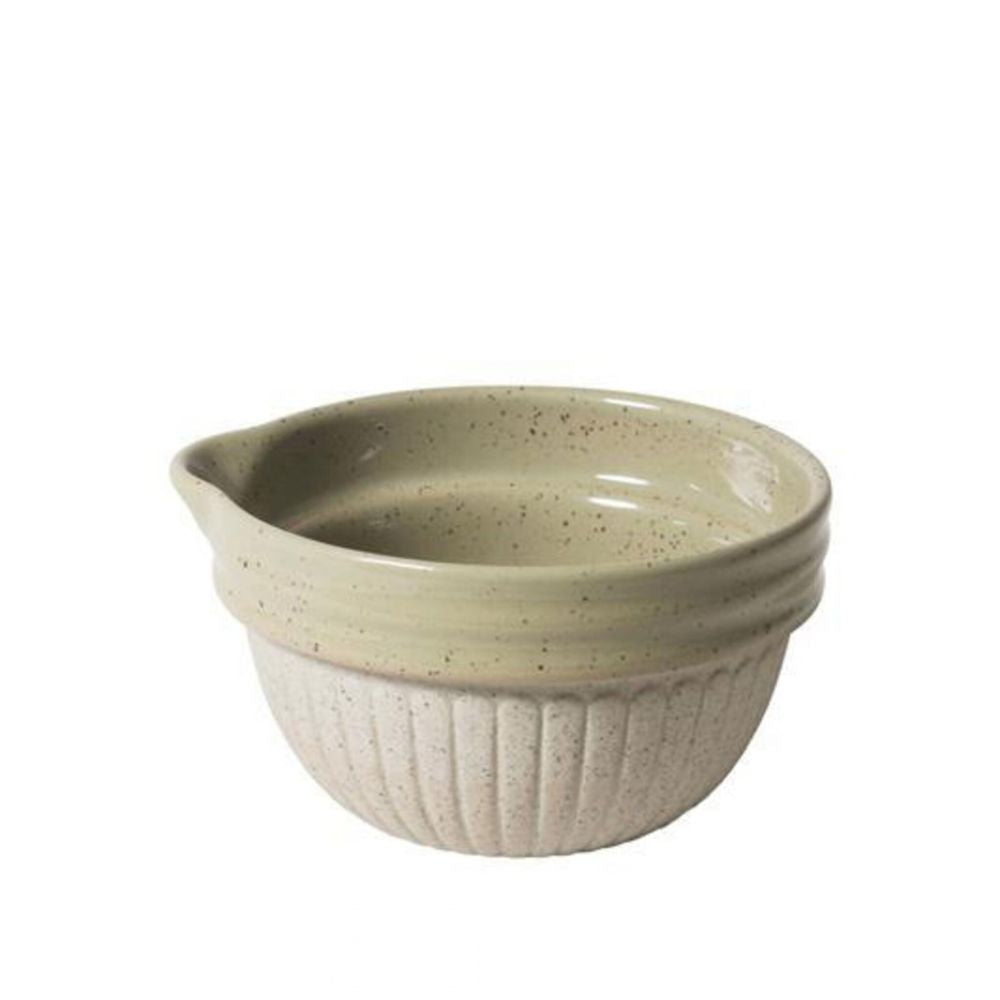 Speckled green ceramic bowl on a white background