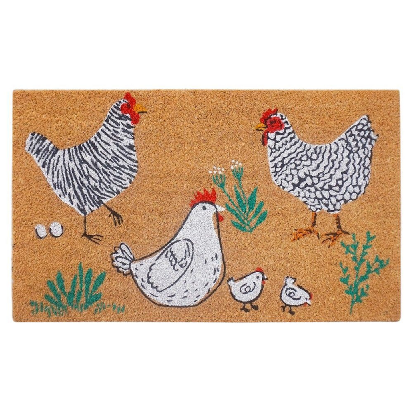 Rectangular coir door mat with a playful black and white chicken design on a natural background, perfect for adding charm and keeping entryways clean.