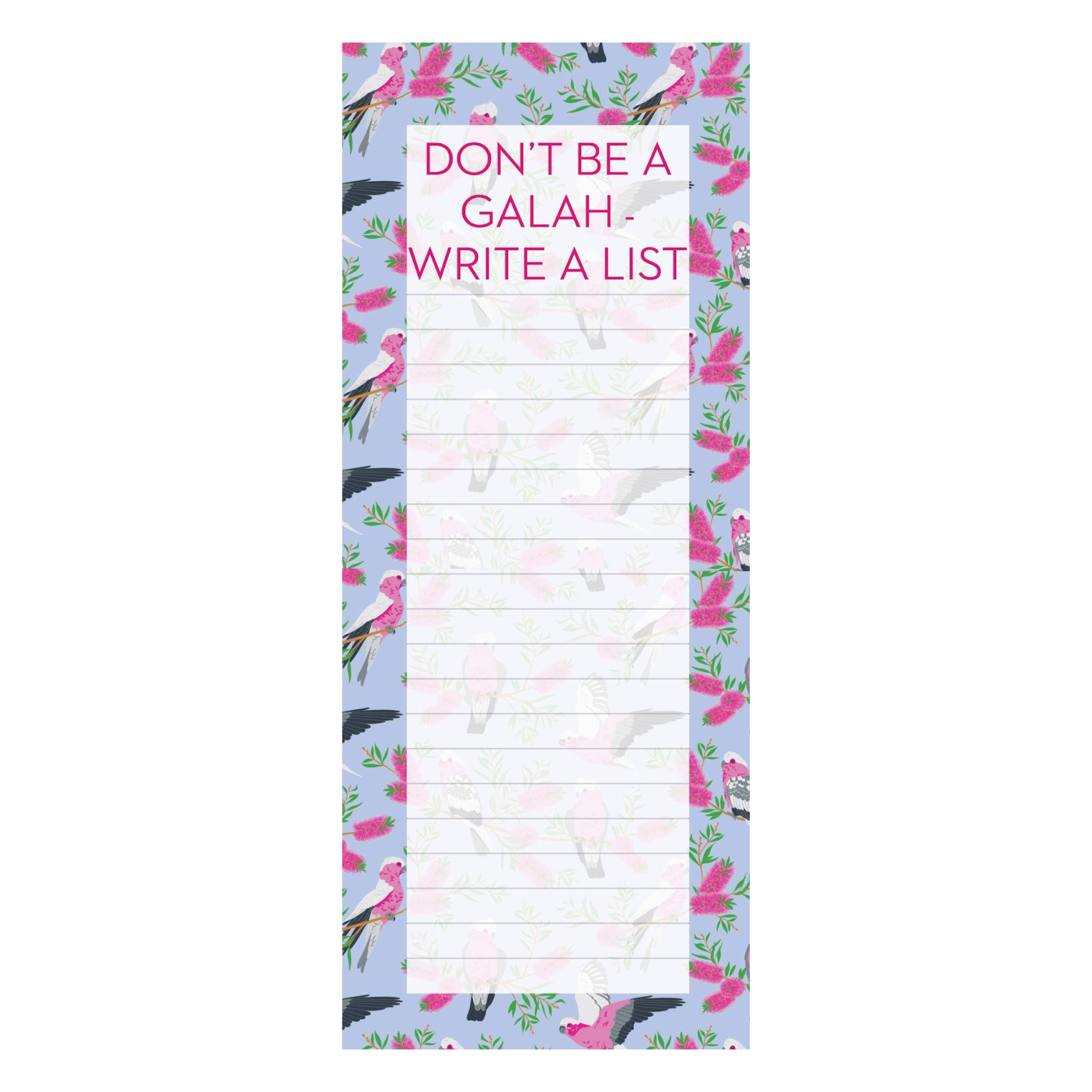 Galah-themed jotter with 40 pages, featuring playful bird designs on paper. Includes a magnetic back for easy fridge display. Designed and printed in Australia.