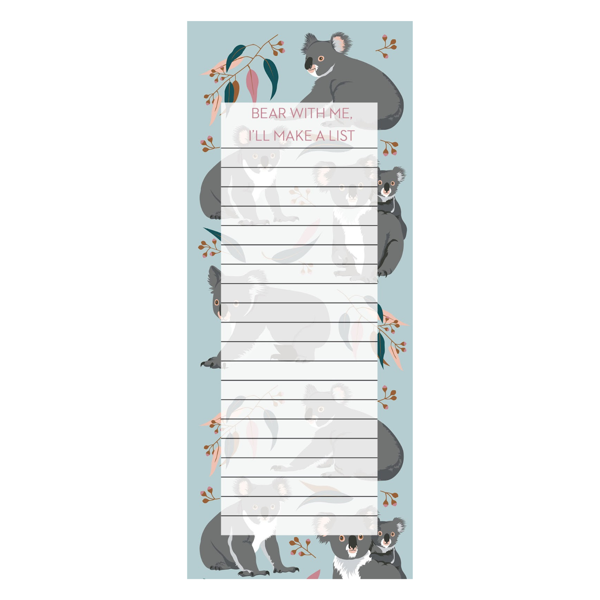 Koalas Jotter with 40 pages, featuring playful koala designs on paper. Includes a magnetic back for easy display on metal surfaces. Designed and printed in Australia.