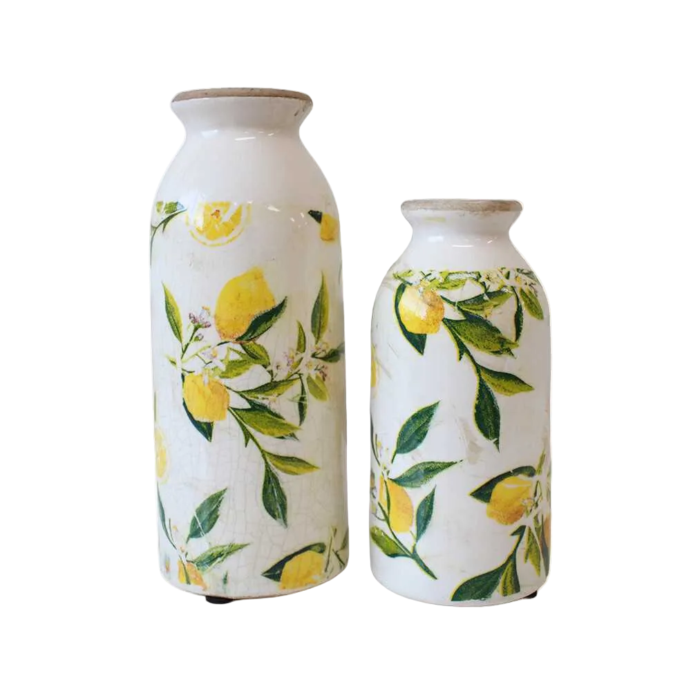 Two ceramic vases with lemon and leaf pattern 