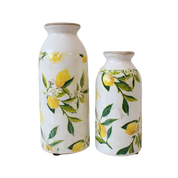 Two ceramic vases with lemon and leaf pattern 