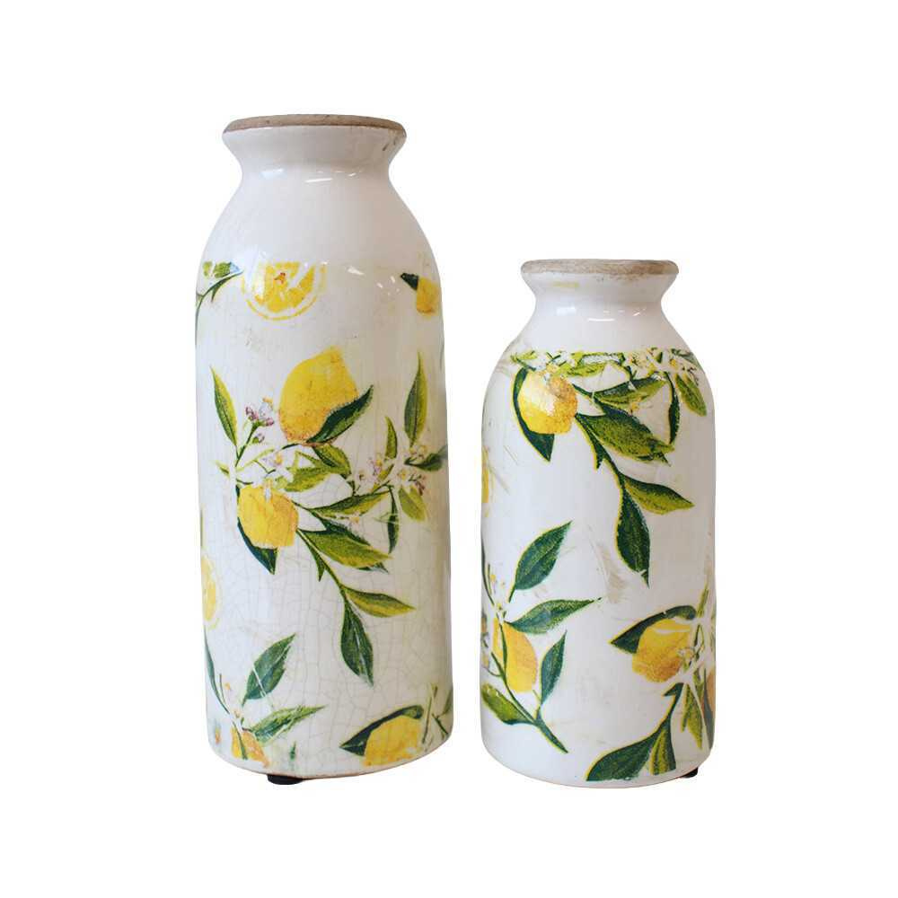 Two ceramic vases with lemon and leaf pattern 