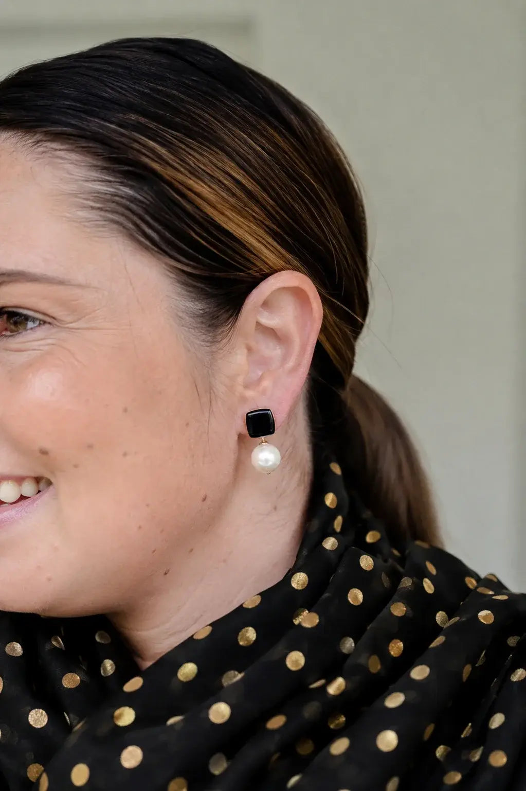 Felicity Black Enamel Stud Earrings with Faux Pearl