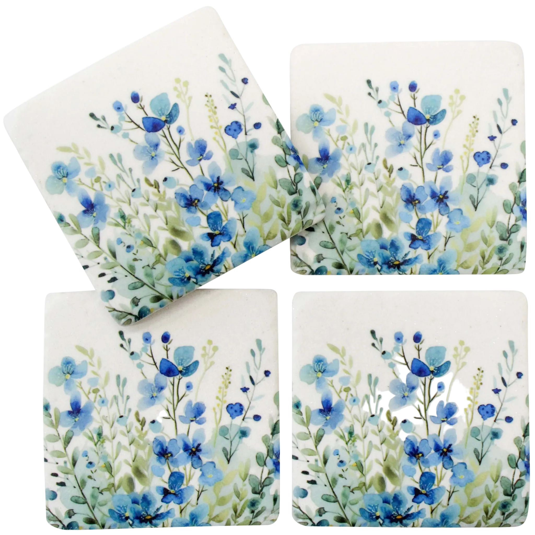Set of four ceramic coasters featuring soft blue floral watercolour designs, each 9.5 x 9.5 cm, ideal for protecting tables with a decorative touch.