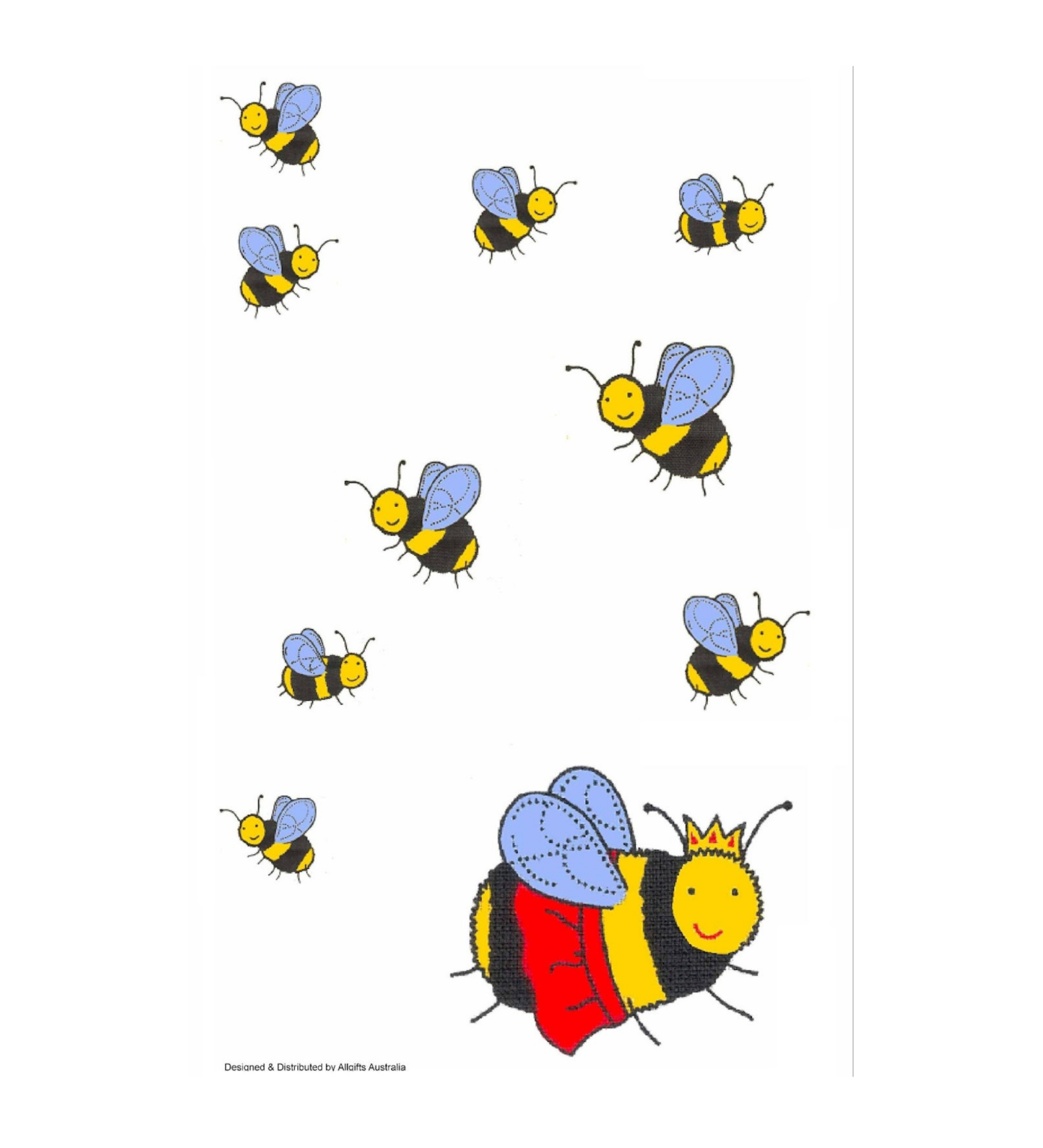 A decorative tea towels featuring cartoon bumblebees. The design includes multiple small bumblebees with blue wings and one larger, smiling bumblebee at the bottom right wearing a red cape and a small gold crown