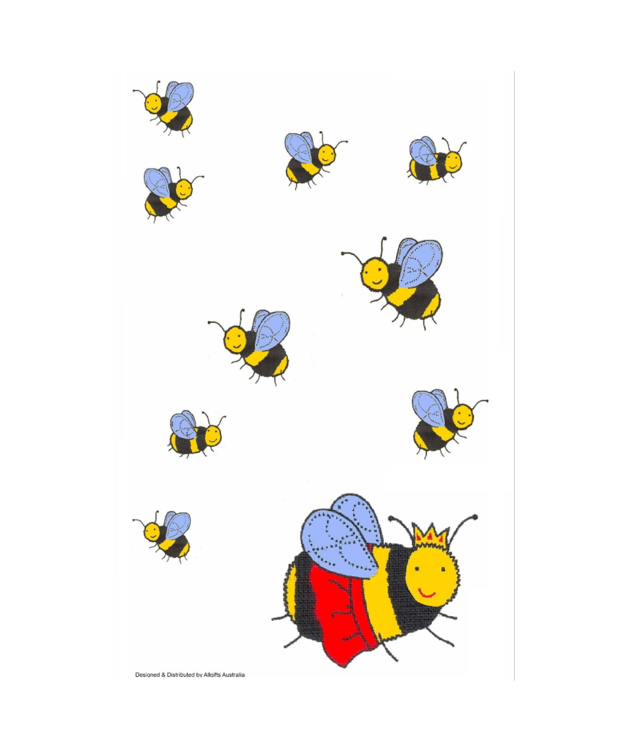 A decorative tea towels featuring cartoon bumblebees. The design includes multiple small bumblebees with blue wings and one larger, smiling bumblebee at the bottom right wearing a red cape and a small gold crown